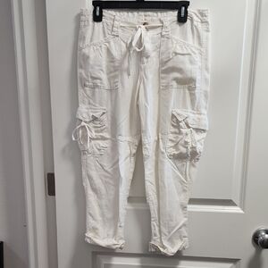 White Cargo Linen Capris with Drawstring